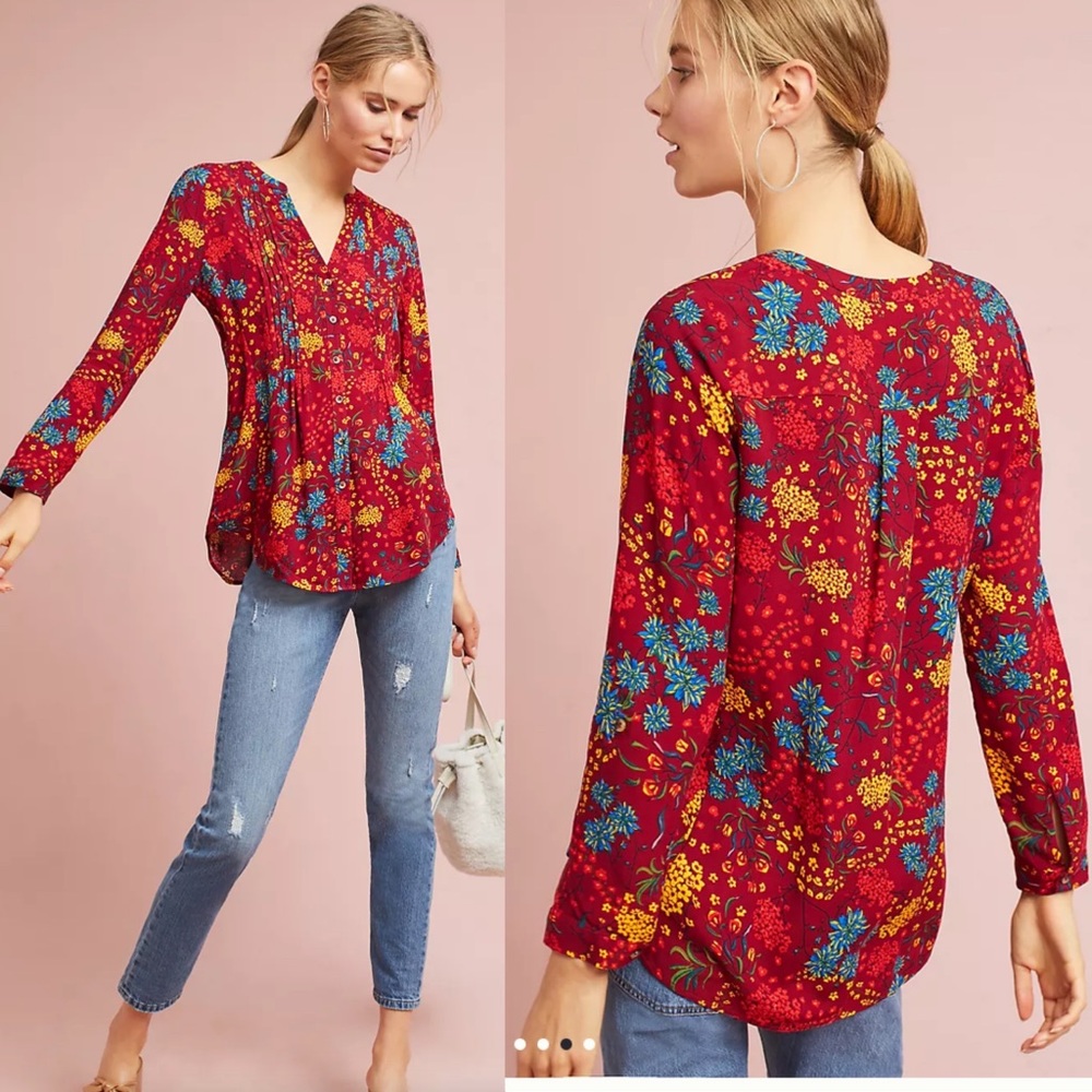 Anthropologie Sz Xs Printed Pintucked Blouse